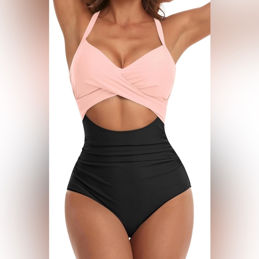 🌸 Crisscross Cutout One‑Piece Swimsuit – Size Small – Tummy Control & Push‑Up